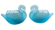 Set of 2 Vintage Blue Satin Glass Swan Figurine Candle Holder Trinket dish picture