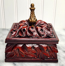 Vintage Bombay Company Carved Wood Jewelry Trinket Box Brass Finial Cherry Wood picture