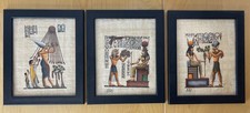 VTG c1980s Set of 3 Signed Egyptian Papyrus Art Hieroglyphics Framed Wall Decor picture