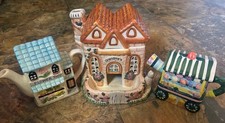Vintage Enesco Ceramic Cottage Teapot Set Flower Shop Grandmas Creamer Village picture