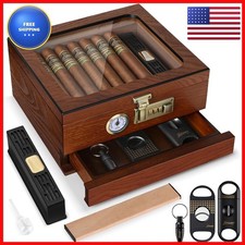 Tesonway Cedar Wood Glass Top Desktop Humidor with Hygrometer, Humidifier picture