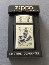 VINTAGE 1993 WHALE & SHIP SCRIMSHAW BLACK MATTE SLIM ZIPPO LIGHTER MIB RARE picture
