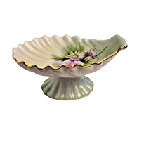 Vtg Lefton Shell Dish Hand Painted Floral 5066 Trinket Ring Soap Pedestal Green picture