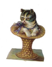 1888 Chromo, Fantasy BLACK BOW KITTEN, Antique Victorian Die-Cut Scrap, 2