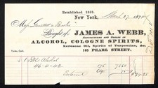1872 James A. Webb 165 Pearl St. NYC Alcohol Cologne Spirits Billhead picture