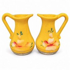 VTG Yellow Plastic Salt Pepper Shakers MCM Hand Painted Floral Pitcher Set 70s picture