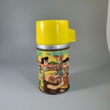 Vintage 1964 Flintstones Metal Thermos Aladdin Hanna Barbera Yellow Cup Cap picture