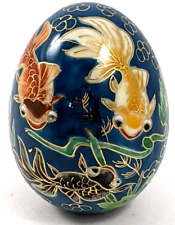 Vintage Cloisonne Enameled Ceramic Koi Fish Egg Shaped Figurine Blue Gold picture