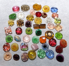 47 Vintage Antique Transparent Glass Buttons VARIOUS COLORS PATTERNS SIZES picture