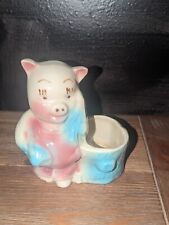 1950s Vintage SHAWNEE Ceramic 5 1/2'' Pig by Tree Stump Planter Blue And Pink picture