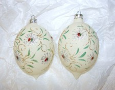 Lot: 2 Vtg. Floral Leaves & Starburst Glass Glitter Christmas Teardrop Ornaments picture