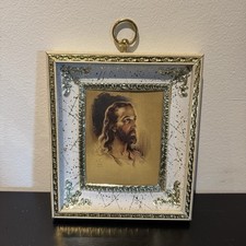 Vintage Jesus Christ Religious Portrait Print Gold Tone Raised Frame 7.5” USA picture
