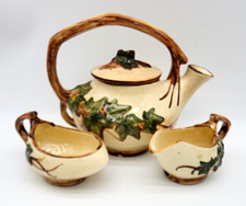 Vintage Ceramic Ivy Leaf Teapot Creamer Sugar Bowl Set Branch Handle 3 Pc picture