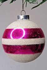 Vintage pre WWII Glass Mica Hot Pink Stripes BALL Christmas Ornament Franke picture