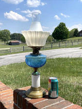 Antique Vtg Elec. Oil Lamp Boudoir Bedside Table Blue Glass Victorian Art Deco picture