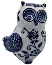 Vintage Cobalt Blue & White Hand Painted Floral Porcelain Owl Figurine 4” Tall picture