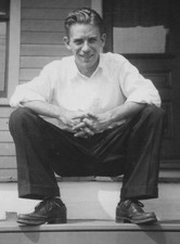 1940s Handsome Man Smiling Portrait Crouching Porch Steps Casual Style picture