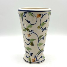 Floral Vines Handpainted Ceramic Vase Blues Greens Yellows Oranges 6.75” Tall picture