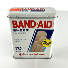 Vtg 1980s Band-Aid Sheer Bandages Metal Tin Johnson & Johnson 70 Ct Box Phar-Mor picture