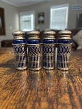 Vintage Cobalt Blue Glass Silver Plate Filigree Salt Pepper Shakers 2.75