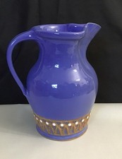 Vintage Art Pottery True Blue Glaze Stoneware Pitcher Jug 9” Signed picture