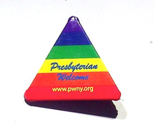 PRESBYTERIAN WELCOME PYRAMID RAINBOW - VINTAGE BUTTON PIN picture