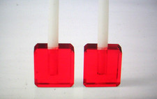 WILLIAMS SONOMA CHRISTMAS RED CRYSTAL TINY TAPER CANDLE HOLDER PAIR 1 3/4