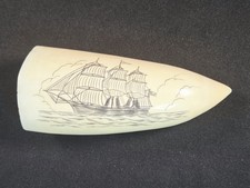 Antique Scrimshaw Style Engraved Animal Horn Whale Whaling Ship Maritime Art 4