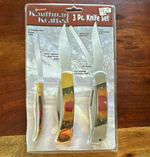 Kauffman Krafted 3 Pc Pocketknife Set Stainless Steel Blade Wood Handle Tools picture