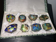 Vintage Pill Box Case Set of 8 Gold Tone Enamel Teal Inside Trinket Pill Box picture