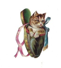 1888 Chromo, Fantasy BALLET SLIPPER KITTEN, Antique Victorian Die-Cut TOKEN, 2-1 picture