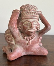 Vintage Mexican Folk Art Terracotta Pre Columbian Style Clay Figurine Vase Aztec picture