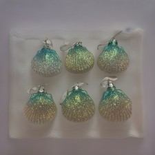 6 Vintage Acrylic Scallop Sea Shell Christmas Ornaments Green Glitter picture