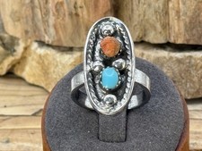 Vintage Native Navajo Sterling Silver Large Turquoise Coral Ring sz 9.5--409.26 picture