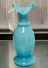 Victorian Czech Bohemian Cased Glass Ewer Pitcher Vase Blue 8.75