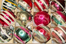 Lot VTG Glass MERRY Pictured Striped Small BALL Christmas Ornaments Shiny Brite picture