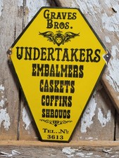 VINTAGE GRAVES BROS PORCELAIN SIGN OLD FUNERAL CASKET EMBALMING COFFINS DEATH picture
