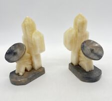 Vintage 2 Tone Carved Onyx Marble Bookends 5.5” Cactus Amigos Wearing Sombreros picture