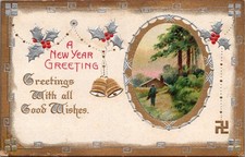 New Year Greeting-Postcard c1910 Gold Bells, Silver Holly, Framed Scene picture