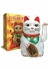 WHITE  FENG SHUI Gold Lucky Beckoning Waving Cat Maneki Neko 5