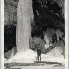 c1920s Frozen Waterfall Snapshot Photo Man Suit Cap Winter Ice Cave Column Vtg picture