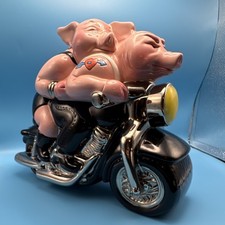 Vintage 1999 Clay Art Biker Hogs Motorcycle Cookie Jar Hand Painted Pigs picture