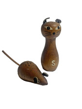 Vintage Inarco Wood Salt & Pepper Shaker Set Cat & Mouse Rare picture