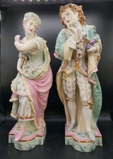 Lg. RARE Antique Pair Of European Bisque Porcelain Figurines 18