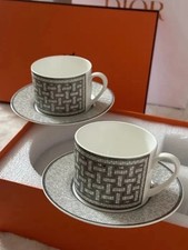 Hermes Mosaique au 24 Platinum Gray Porcelain Coffee Tea Cup Saucer Set of 2 Two picture