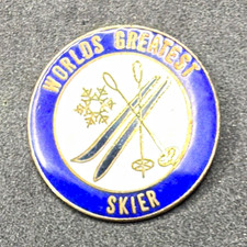 Vtg Ski Skiing World's Greatest Skier Souvenirs & Travel Pinback Button Pin picture