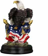 Bald Eagle Resin Figurine American Flag Wooden Base Patriotic Decor Statue picture