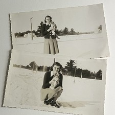 Vintage B&W Snapshot Photograph Young Woman Teen With Adorable Kitty Cat In Snow picture