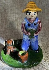 Quirky And Fun Rustic Ceramic Handmade Boy W/Frog & Dog In Overalls Figurine picture
