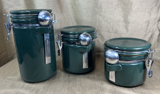 Vintage Oggi Dark Green Ceramic Canister Set Hinged Locking Lids with Spoons picture